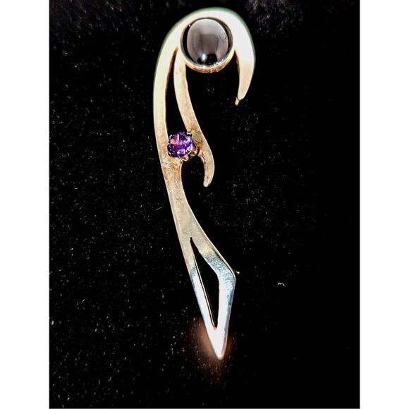 Sterling silver black onyx + amethyst Pin Handmade Large see photos measurements - Picture 1 of 11